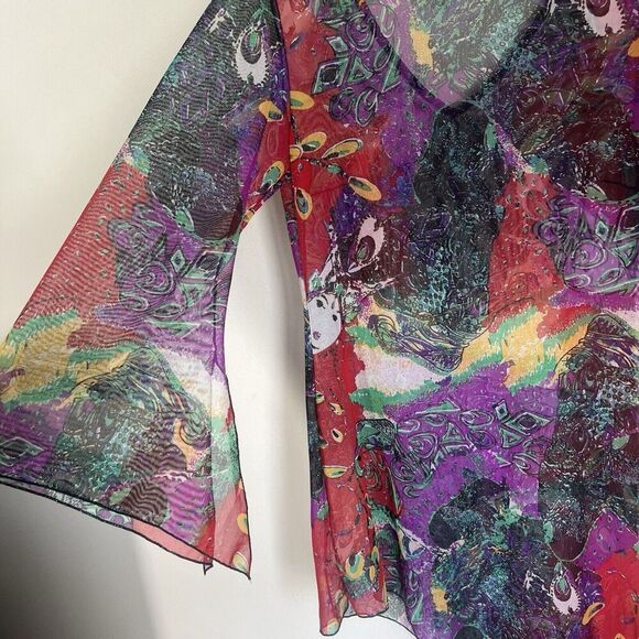 VTG Japanese Inspo Y2K Tunic Top 90s Mesh Geisha Girl Hanky Asymmetrical Hem S - Picture 7 of 10